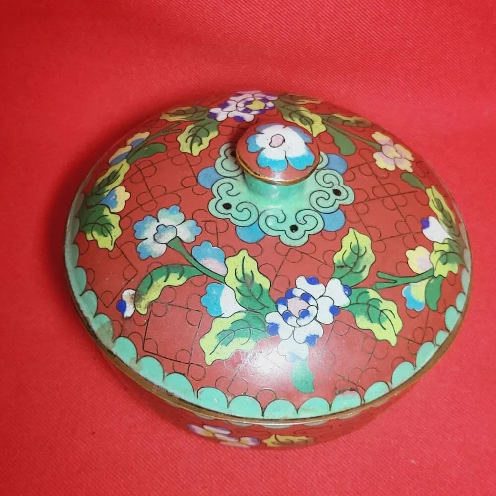 Vintage Cloisonné Brass Bowl With Lid Covered Red Dish